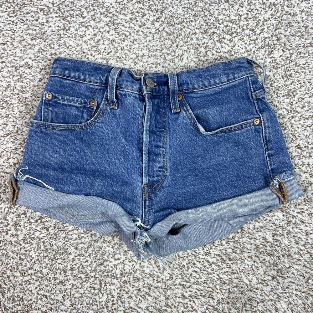 Levis 501 Shorts Womens 26 Blue Denim Button Fly Cuffed Cutoff Casual Frayed Hem